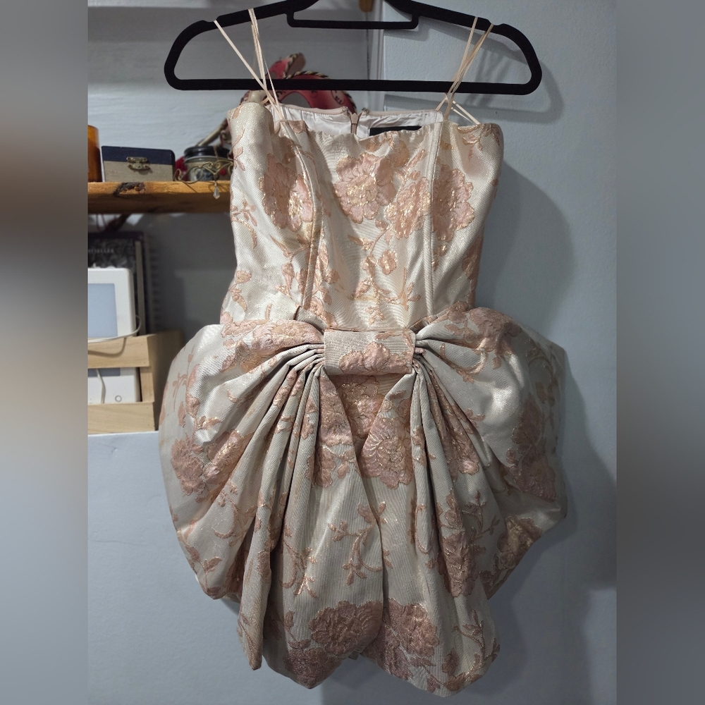 AKIRA Strapless Dress with Floral Pattern in Cream and Pink